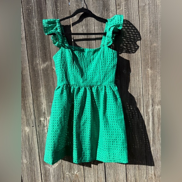 Green Grid Ruffle-Strap Mini Dress - Picture 3 of 7